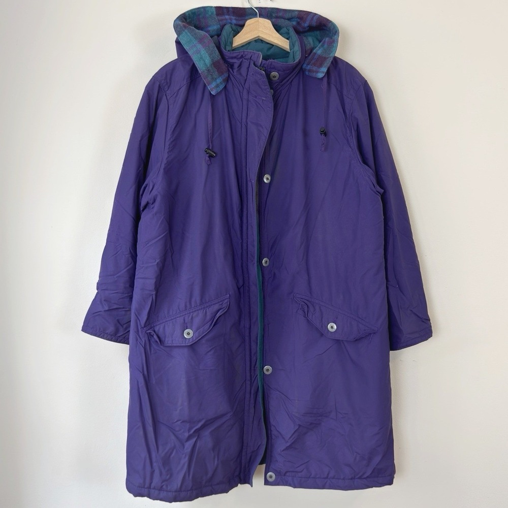 Vintage 90's LL Bean Womens Parka Coat Flannel Plaid Lined Purple Puffer Jacket